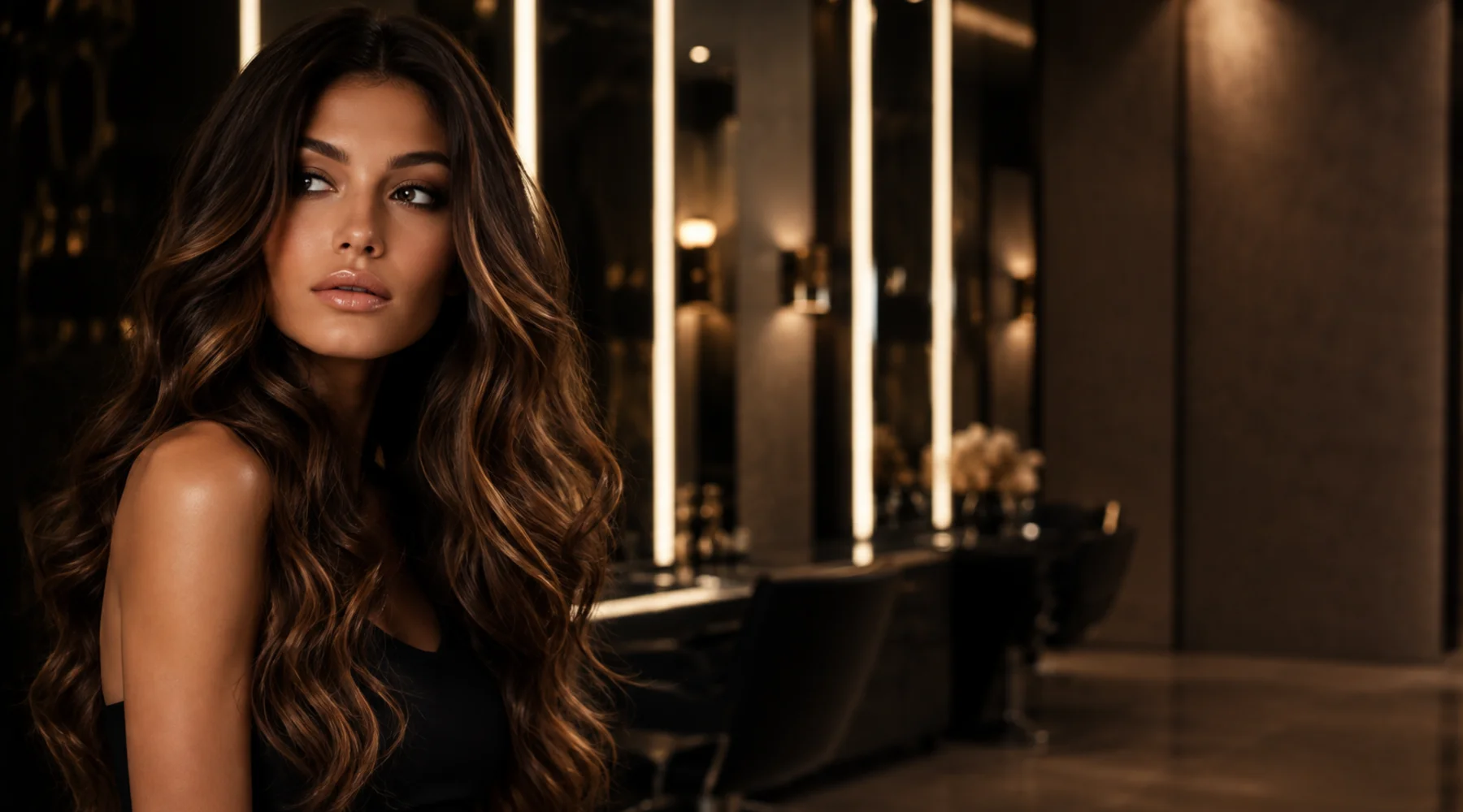 Polished brunette waves in a warm, elegant salon setting